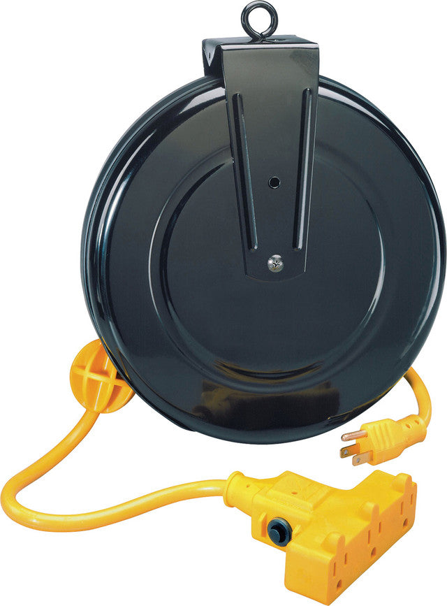 30' Powder Coated Metal Retractable Power Cord Reel, 3 Outlets, Sjtw 14/3 - ALT-5000M-30GF-CB | MFVCanada.com