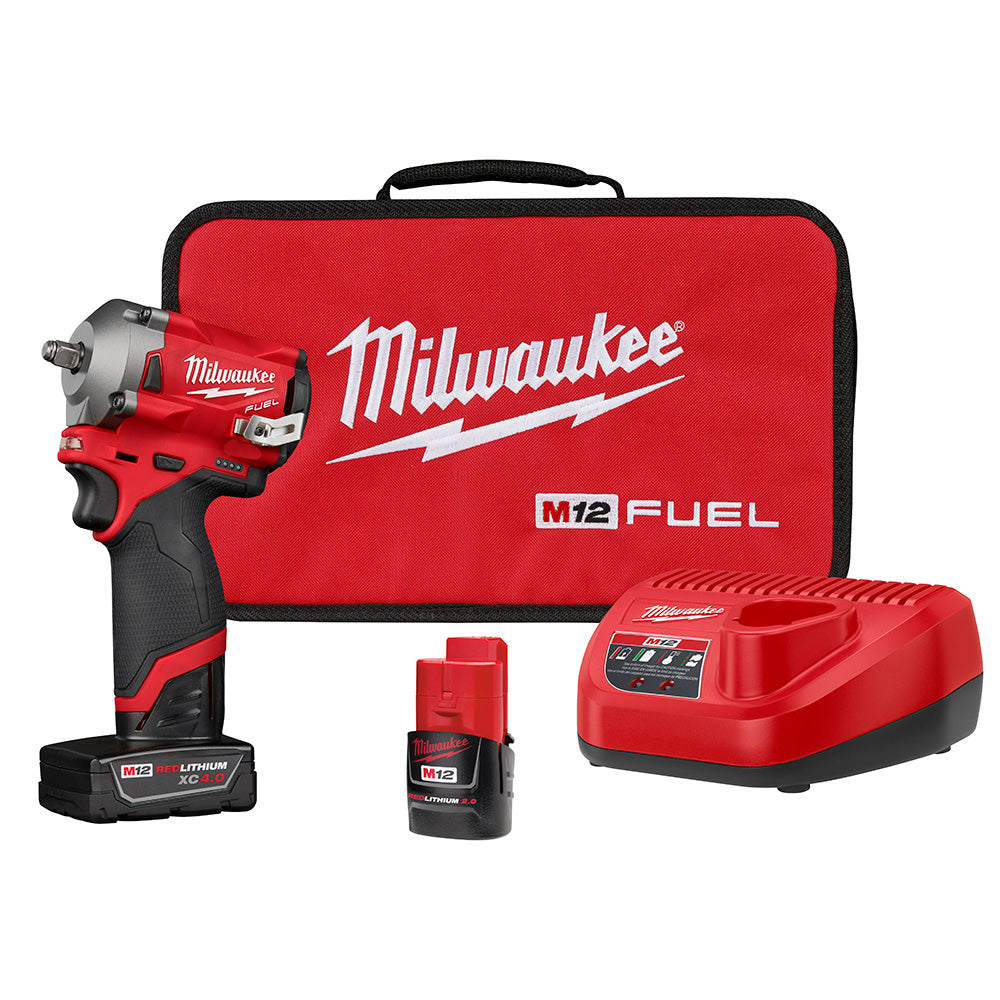 Milwaukee Electric M12 Fuel 3/8" Stubby Impact Wrench Kit, (1) Cp2.0 Battery, (1) Xc4.0 Battery, (1) Charger And Case - MLW-2554-22 | MFVCanada.com