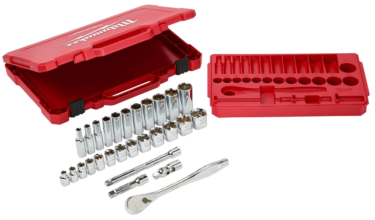 Milwaukee Electric 28-Pc 3/8" Drive Ratchet & Socket Set, Standard: 1/4"-1", Deep: 1/4"-7/8" - MLW-48-22-9408 | MFVCanada.com