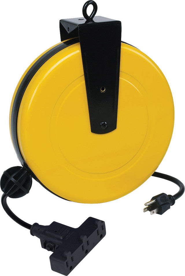30' Powder Coated Metal Retractable Power Cord Reel, 3 Outlets, Sjt 16/3 - ALT-5000A-30GF-CB | MFVCanada.com