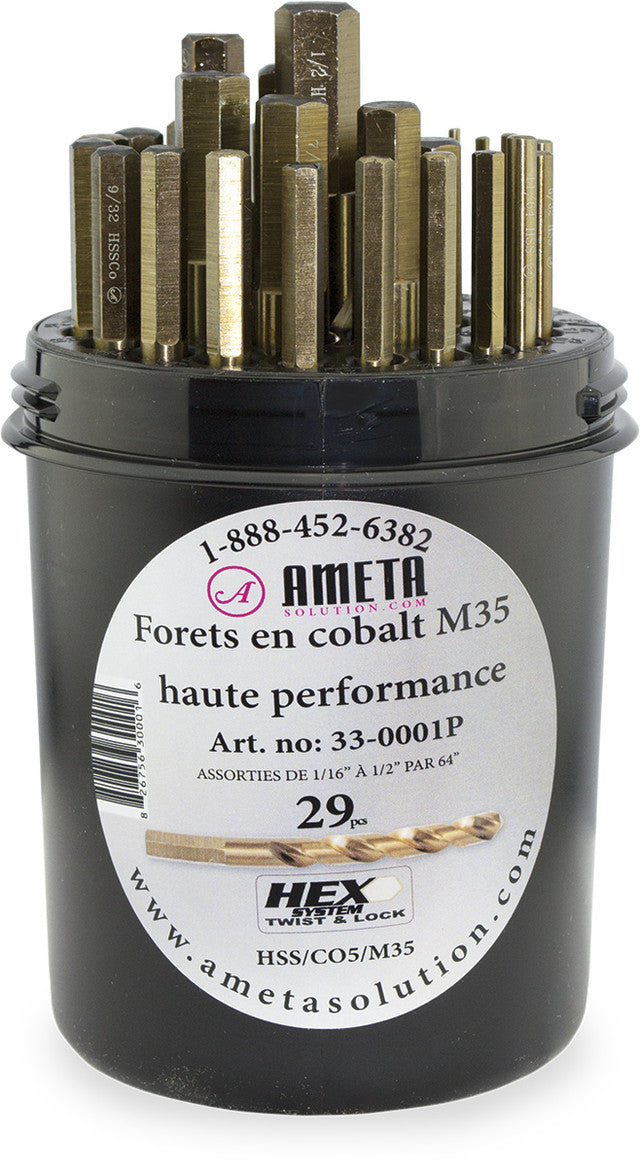 29-Pc Fractional Drill Bit Set, 1/16" To 1/2" By 64", High Density Plastic Container - AMT-33-0001P | MFVCanada.com