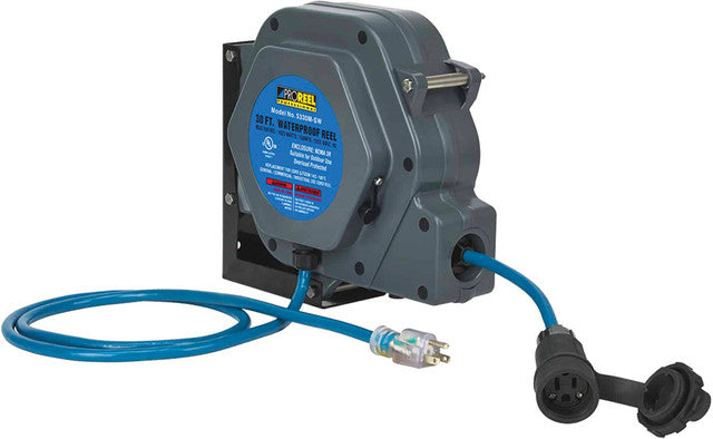 Professional Retractable Weather Resistant Indoor/Outdoor Cord Reel, 30' Blue 14/3 Sjtoow, Single Outlet, 13A, 125Vac - ALT-5330M-SW | MFVCanada.com