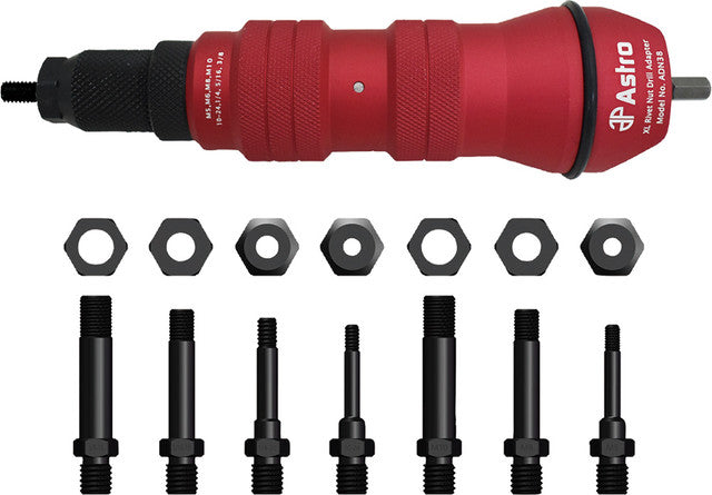 ASTRO PNEUMATIC - Rivet Nut Cordless Drill Adapter Kit - 3/8" Cap., 8 Mandrels/Nosepieces: 10-24, 1/4-20, 5/16-18, 3/8-16, M5, M6, M8, M10 - AST-ADN38 | MFVCanada.com