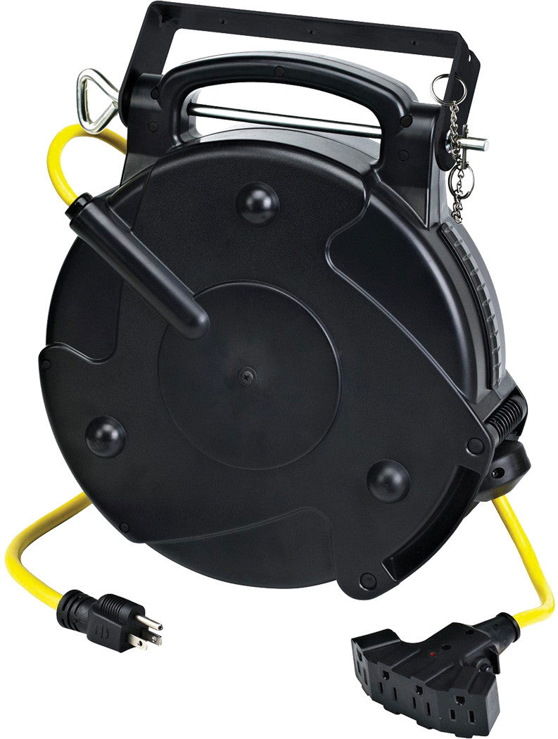 Professional Retractable Indoor Cord Reel, 65' Yellow 12/3 Sjtow, Quad Outlets With Circuit Breaker, 15A, 125Vac - ALT-8665TFQ | MFVCanada.com