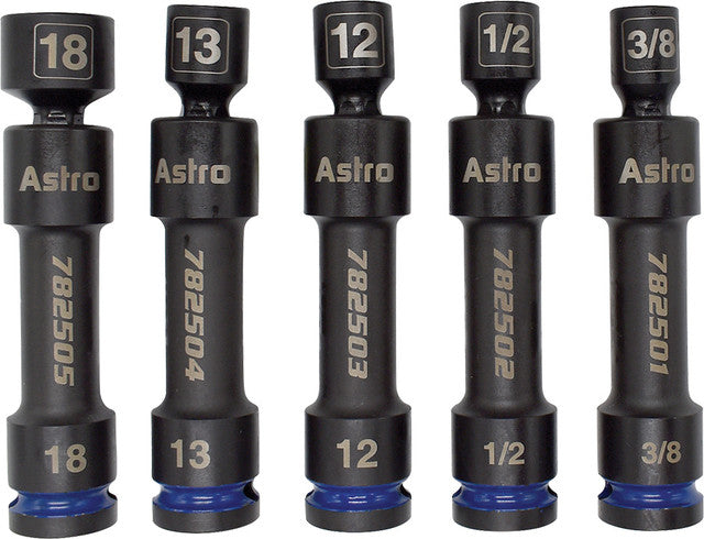 ASTRO PNEUMATIC - 5-Pc 1/2" Drive 12 Pt. Pinless Heavy Duty Driveline Impact Socket Set – 3/8", 1/2", 12Mm, 13Mm, 18Mm - AST-78250 | MFVCanada.com