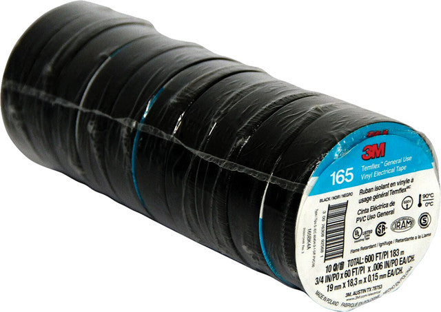 3M™ Temflex™ General Use Vinyl Electrical Tape, Black, 3/4" X 60 Ft., 6 Mil, Pack Of 10 - 3MM-165BK4A | MFVCanada.com