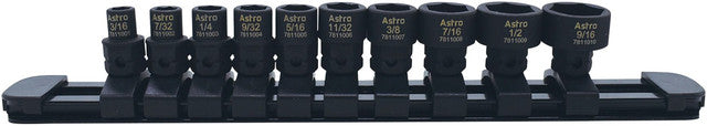 ASTRO PNEUMATIC - 10-Pc 1/4" Drive 6-Pt. Sae Low Profile Nano Impact Socket Set On A Rail, 3/16"-9/16", 11Mm Outside Hex - AST-78110 | MFVCanada.com