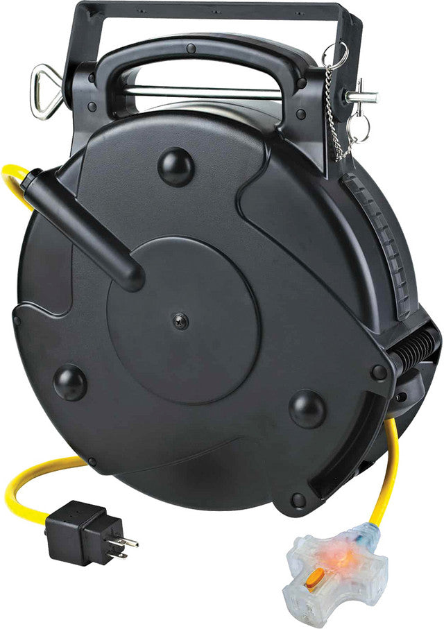 Industrial Retractable Indoor Extension Cord Reel, 75' Yellow 14/3 Sjtow, Tri Tap With Circuit Breaker, 10A, 125Vac - ALT-8675MFT | MFVCanada.com