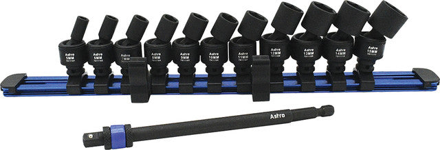 ASTRO PNEUMATIC - 12-Pc 1/4" Square & Hex Drive Magnetic Universal 6-Pt. Impact Socket Set & 6" Locking Extension On Rail, 5-15Mm - AST-78111 | MFVCanada.com