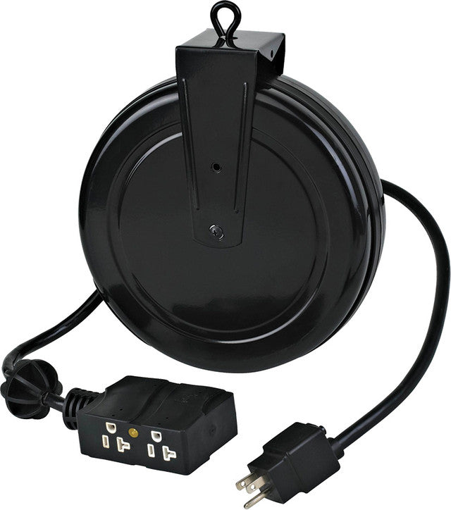Professional Retractable Indoor Cord Reel, 20' Black 12/3 Sjtow, Quad Outlets With Circuit Breaker, 15A, 125Vac - ALT-5020TF-4C | MFVCanada.com