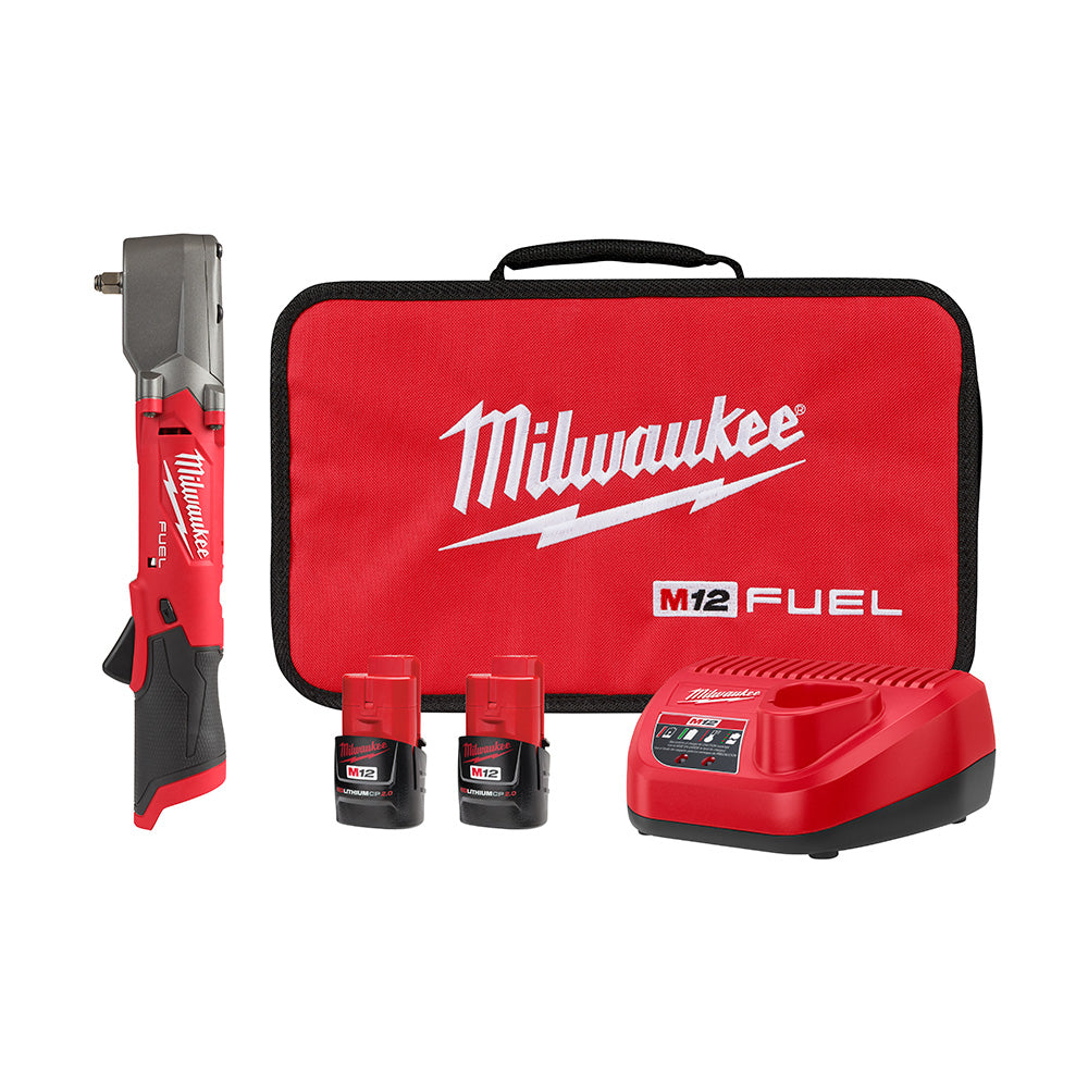 Milwaukee Electric M12 Fuel 3/8" Low Profile Right Angle Impact Wrench Kit W/ Friction Ring, Max. 220 Ft-Lbs, 2 Batteries, 1 Charger, 1 Bag - MLW-2564-22 | MFVCanada.com
