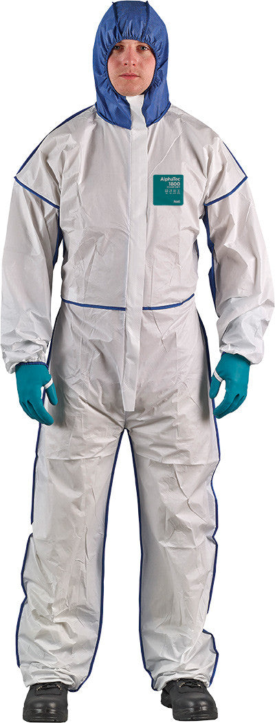 Alphatec® 1800 Comfort - Model 195 White Coveralls, Low Concentration Liquid Chemical & Airborne Particles Protection, 3-Pc Blue Sms Hood, 2-Way Front Zipper & Storm Flap, Medium - ANS-WN18-B-92-195-03 | MFVCanada.com