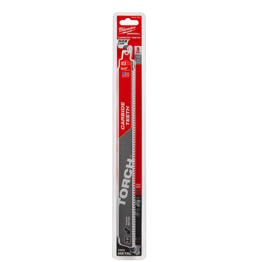 Milwaukee Electric 12" Sawzall Torch Carbide Blade, 7 Tpi, Pack Of 5 - MLW-48-00-5503 | MFVCanada.com