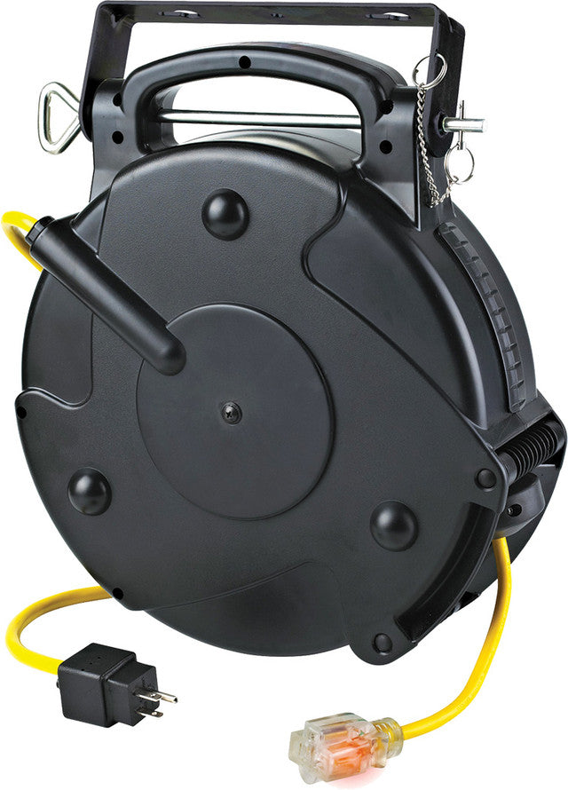 Professional Retractable Indoor Cord Reel, 65' Yellow 12/3 Sjtow, Single Illuminated Outlet With Circuit Breaker, 15A, 125Vac - ALT-8665TFS | MFVCanada.com