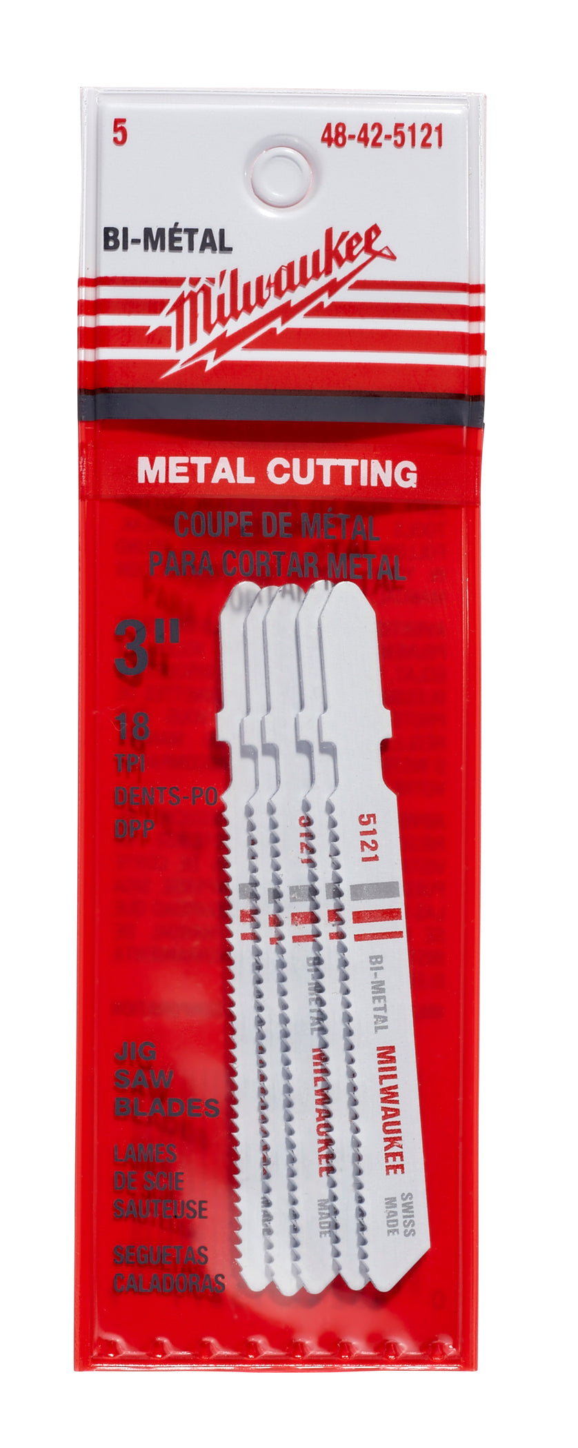 Milwaukee Electric Jig Saw Blade, 3" X 18 Tpi, Metal Cutting, Bi-Metal, T-Shank, Pack Of 5 - MLW-48-42-5121 | MFVCanada.com