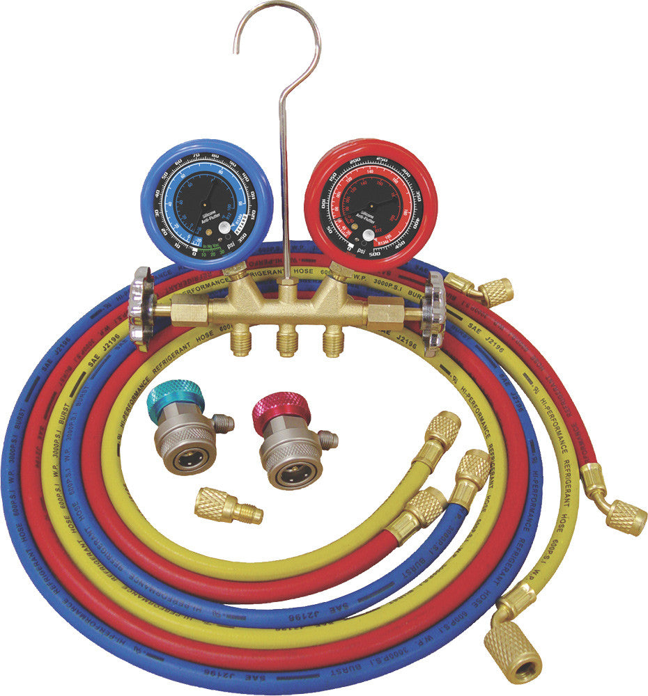 ATD - R12/R134A Deluxe Dual Brass A/C Manifold Gauge Set, (3) 60" Hoses - ATD-3694 | MFVCanada.com