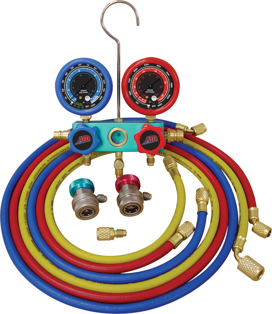 ATD - R12/R134A Deluxe Dual Aluminum A/C Manifold Gauge Set, (3) 60" Hoses - ATD-3695 | MFVCanada.com