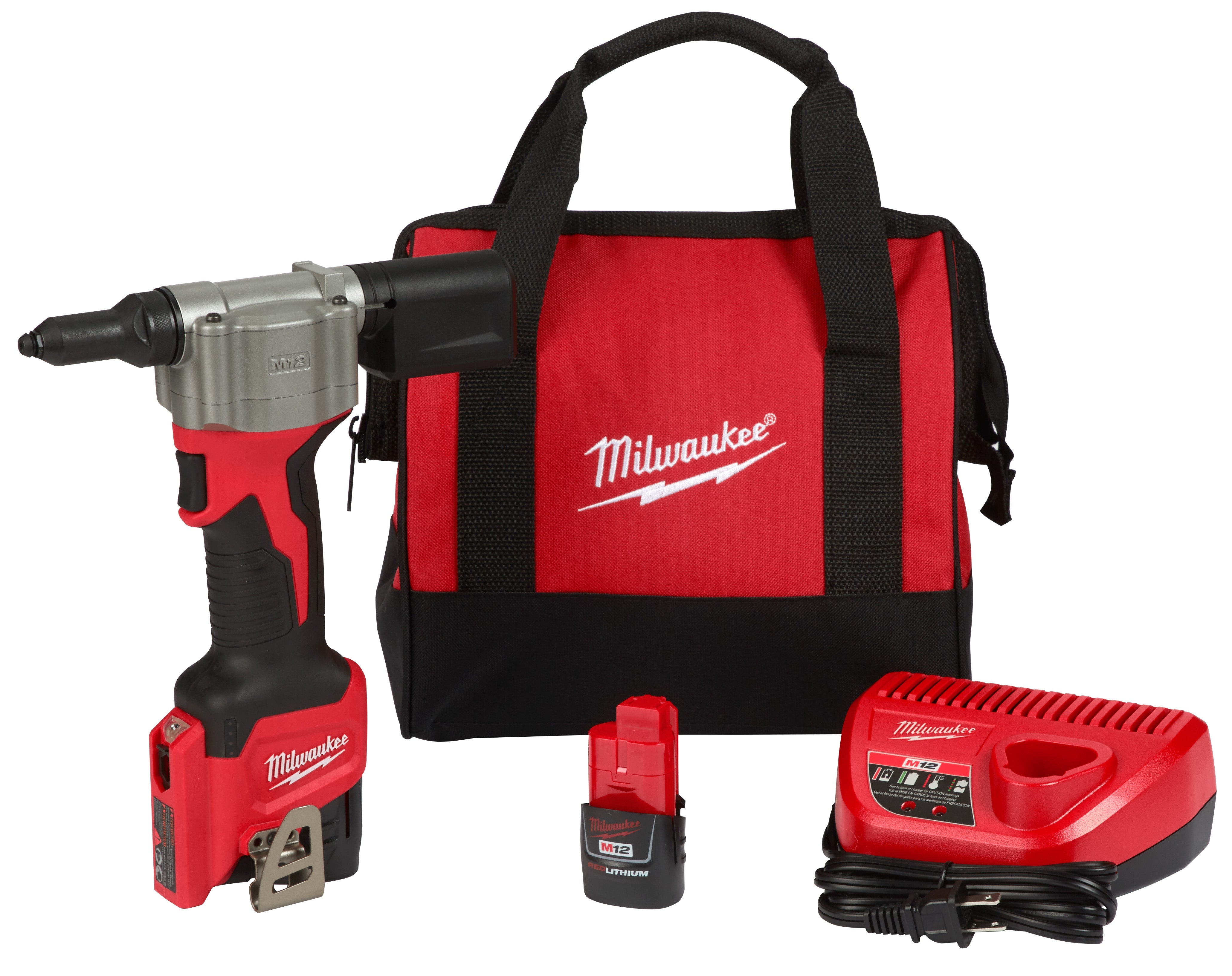 Milwaukee Electric M12 12V Rivet Tool Kit, Pulls 3/32", 1/8", 5/32", 3/16" Rivets In All Materials - MLW-2550-22 | MFVCanada.com