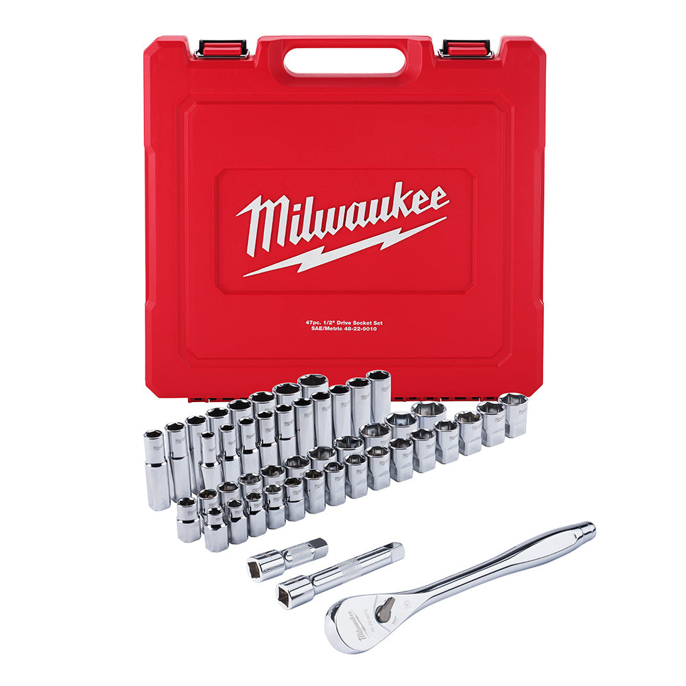 Milwaukee Electric 47-Pc 1/2" Drive Ratchet And Socket Set - Sae & Metric - 1/2" To 1-1/8", 10Mm To 24Mm - MLW-48-22-9010 | MFVCanada.com