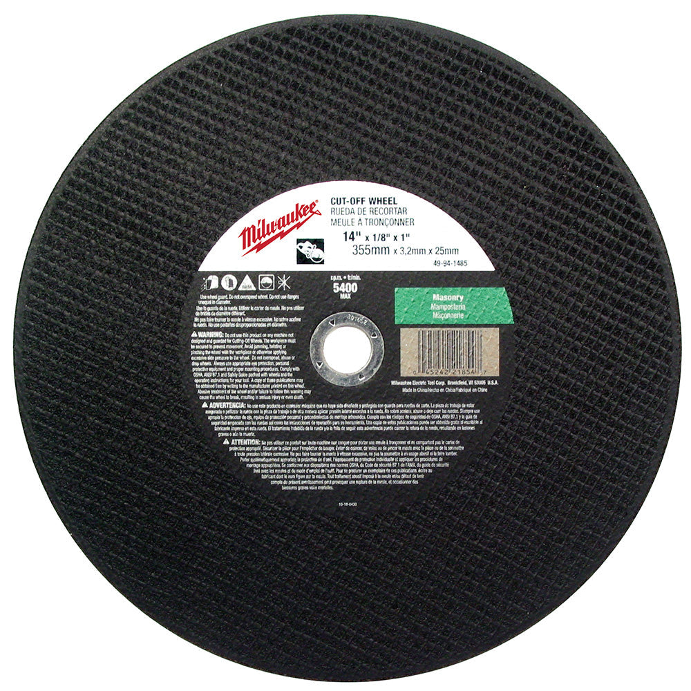 Milwaukee Electric 14X1/8X1 Cut Off Wheel Bulk 10 - 49-94-1485 - MLW-49-94-1485 | MFVCanada.com