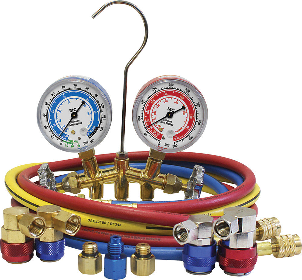 ATD - R1234Yf/R134A Brass Manifold Gauge Set, 2.5" Gauges, (3) 60" Hoses, R1234Yf & R134A Couplers, Adapters - ATD-3681 | MFVCanada.com