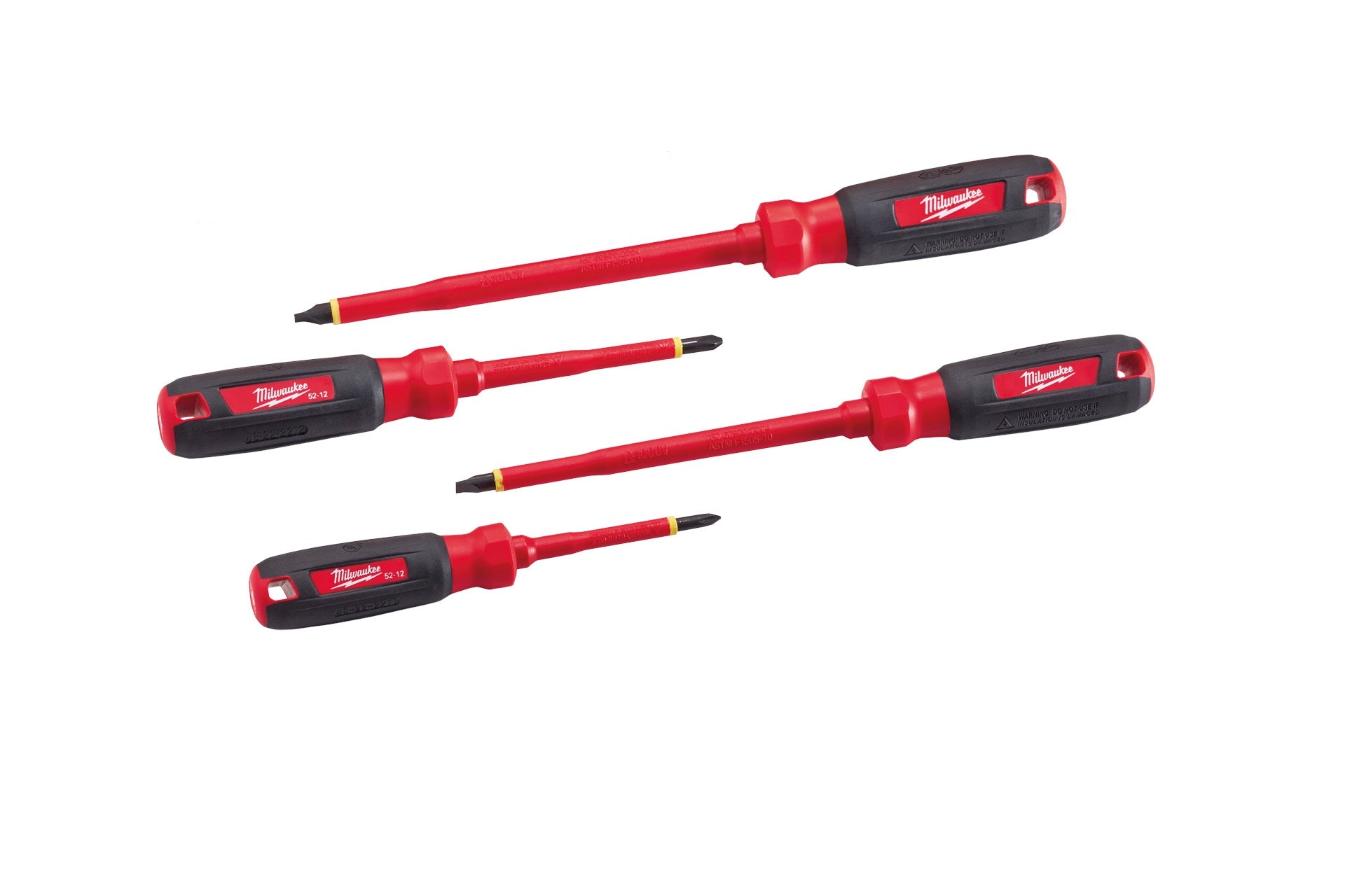 Milwaukee Electric 4-Pc 1000V Insulated Screwdriver Set - Slotted: 1/4" & 3/8"; Square: #1 & #2 - MLW-48-22-2205 | MFVCanada.com