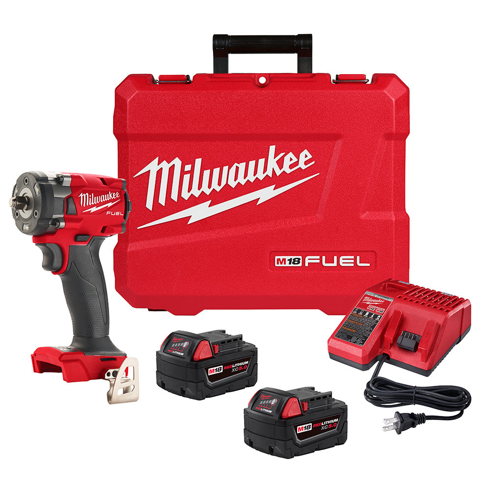 Milwaukee Electric M18 3/8" Drive Compact Impact Wrench With Friction Ring, 250 Ft-Lb, (2) M18 Xc5.0 Resistant Batteries, (1) 18V/12V Multi-Voltage Charger - MLW-2854-22R | MFVCanada.com