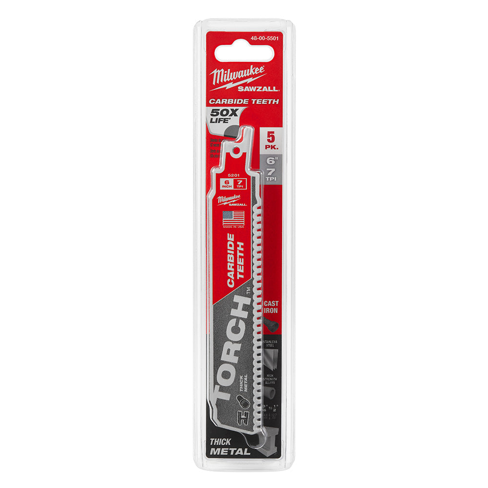 Milwaukee Electric 6" Sawzall Torch Carbide Blade, 7 Tpi, Pack Of 5 - MLW-48-00-5501 | MFVCanada.com